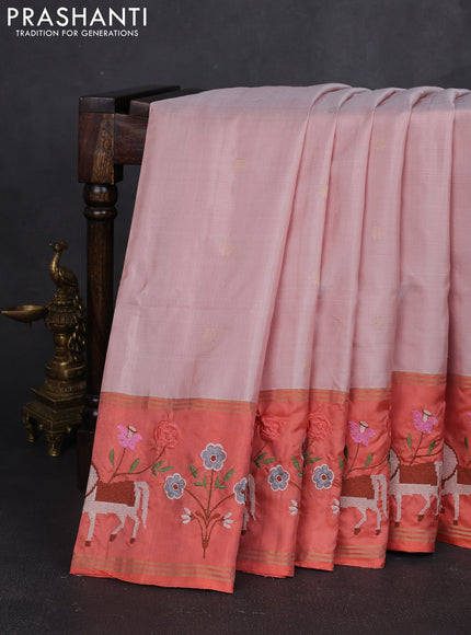 Pure soft silk saree mild peach and peach orange with zari woven buttas and zari woven embroidery border
