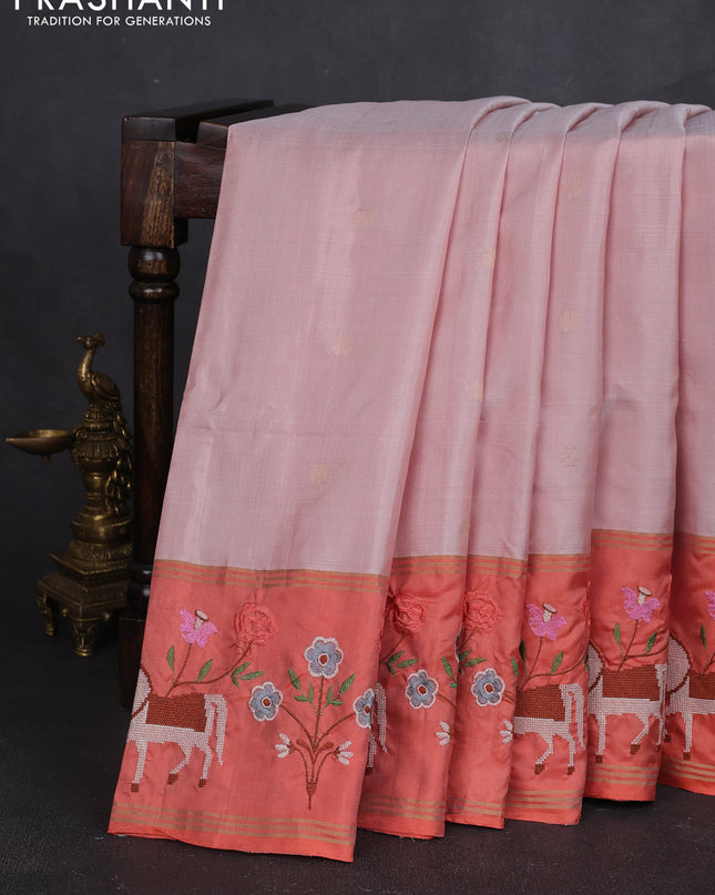 Pure soft silk saree mild peach and peach orange with zari woven buttas and zari woven embroidery border