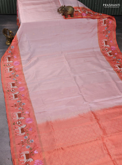 Pure soft silk saree mild peach and peach orange with zari woven buttas and zari woven embroidery border