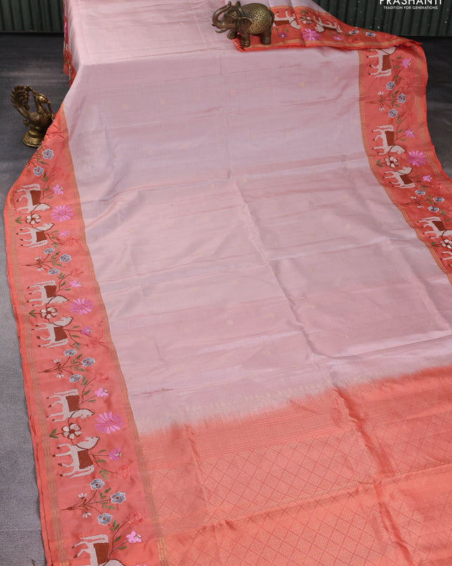 Pure soft silk saree mild peach and peach orange with zari woven buttas and zari woven embroidery border