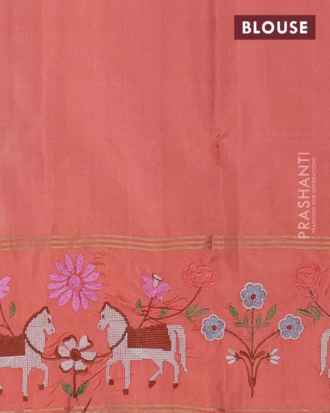Pure soft silk saree mild peach and peach orange with zari woven buttas and zari woven embroidery border
