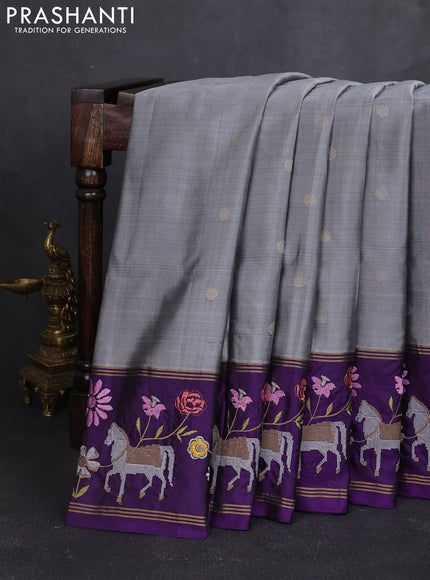 Pure soft silk saree grey and purple with zari woven buttas and zari woven embroidery border