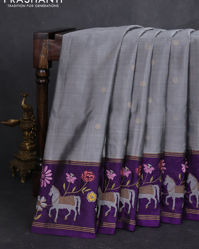Pure soft silk saree grey and purple with zari woven buttas and zari woven embroidery border