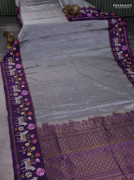 Pure soft silk saree grey and purple with zari woven buttas and zari woven embroidery border
