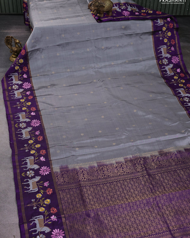 Pure soft silk saree grey and purple with zari woven buttas and zari woven embroidery border