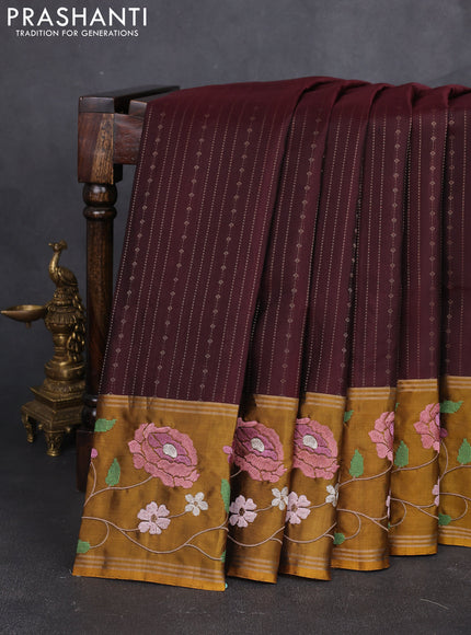 Pure soft silk saree deep maroon and dark mustard with allover zari weaves and zari woven embroidery border
