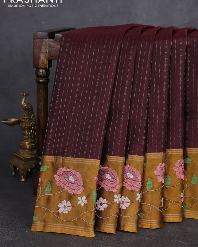 Pure soft silk saree deep maroon and dark mustard with allover zari weaves and zari woven embroidery border