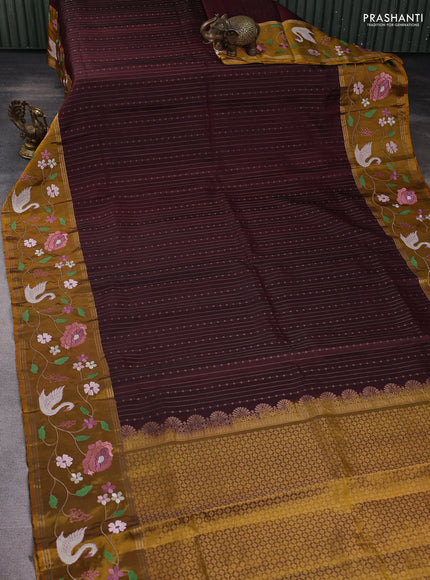 Pure soft silk saree deep maroon and dark mustard with allover zari weaves and zari woven embroidery border