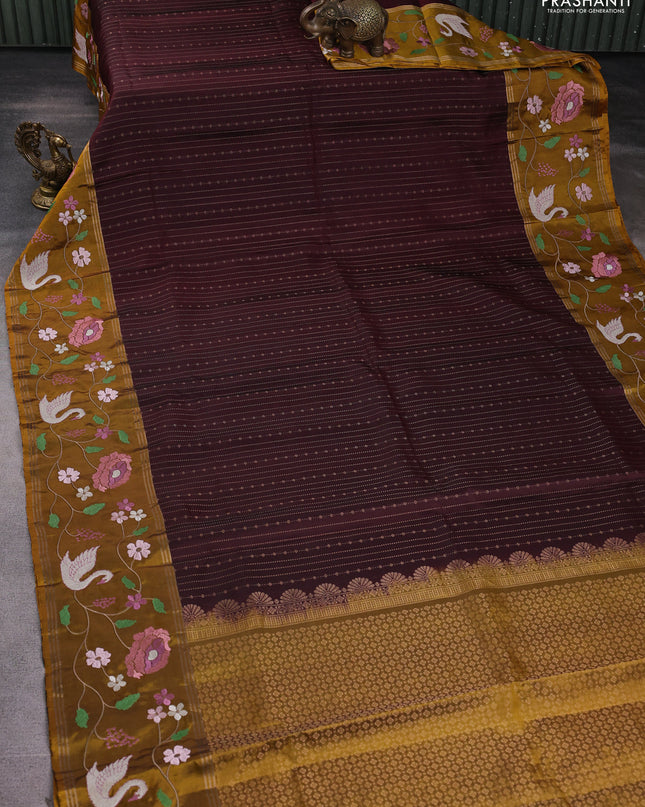 Pure soft silk saree deep maroon and dark mustard with allover zari weaves and zari woven embroidery border