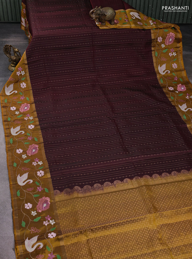 Pure soft silk saree deep maroon and dark mustard with allover zari weaves and zari woven embroidery border