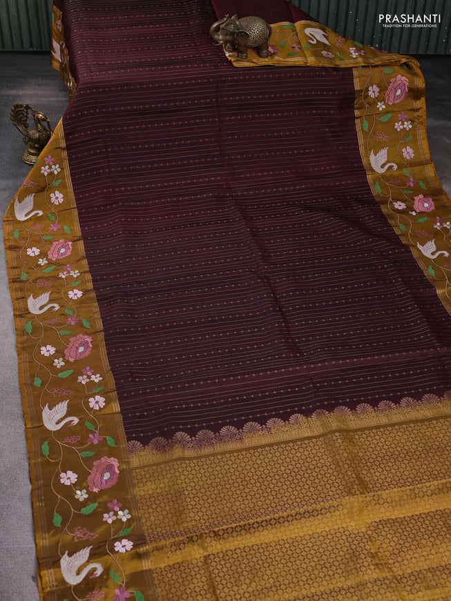 Pure soft silk saree deep maroon and dark mustard with allover zari weaves and zari woven embroidery border