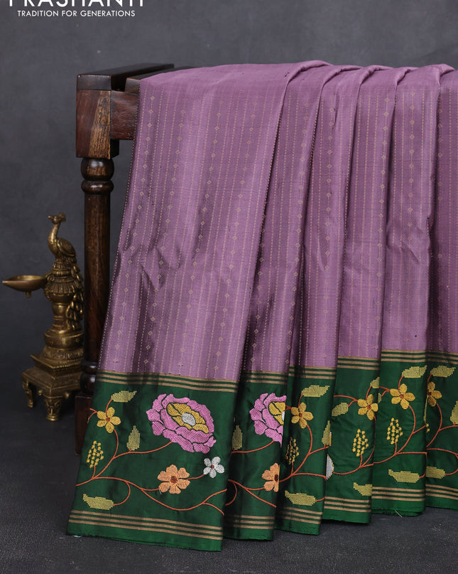 Pure soft silk saree purple shade and green with allover zari weaves and zari woven embroidery border