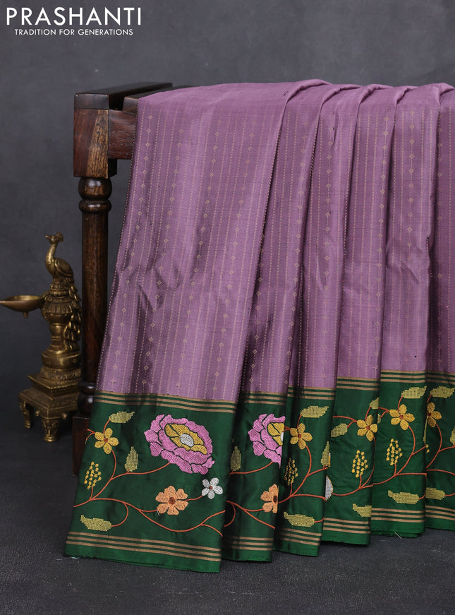 Pure soft silk saree purple shade and green with allover zari weaves and zari woven embroidery border