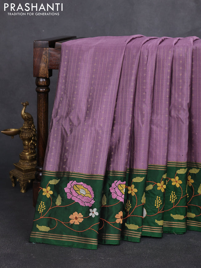 Pure soft silk saree purple shade and green with allover zari weaves and zari woven embroidery border