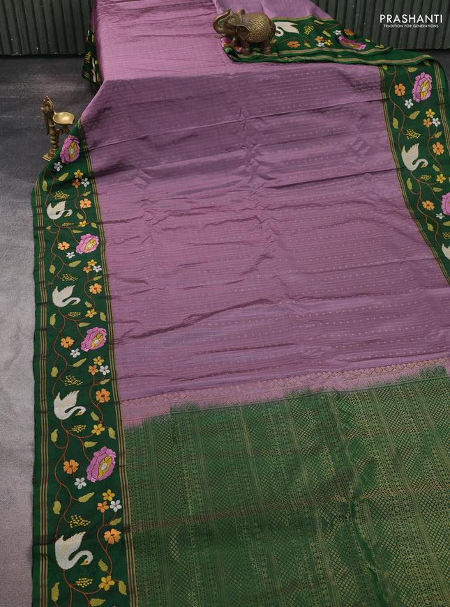 Pure soft silk saree purple shade and green with allover zari weaves and zari woven embroidery border
