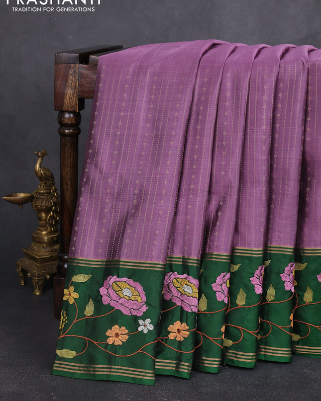 Pure soft silk saree purple shade and green with allover zari weaves and zari woven embroidery border