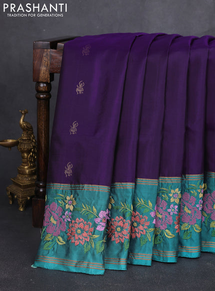Pure soft silk saree purple and teal blue shade with zari woven buttas and zari woven embroidery border