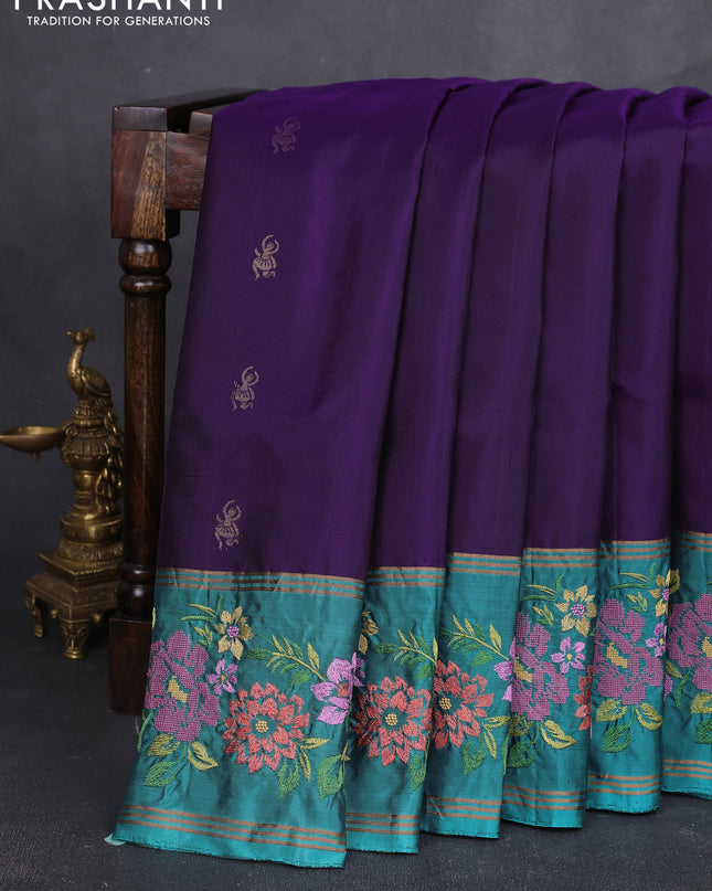 Pure soft silk saree purple and teal blue shade with zari woven buttas and zari woven embroidery border
