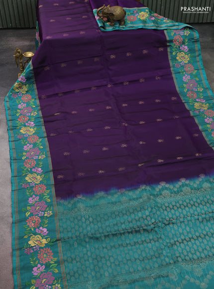Pure soft silk saree purple and teal blue shade with zari woven buttas and zari woven embroidery border