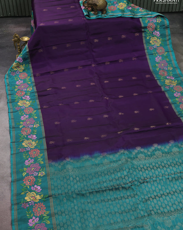 Pure soft silk saree purple and teal blue shade with zari woven buttas and zari woven embroidery border