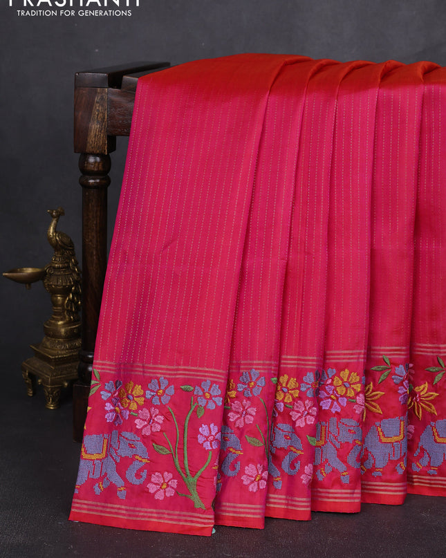 Pure soft silk saree dual shade of pinkish orange with allover zari weaves and zari woven embroidery border