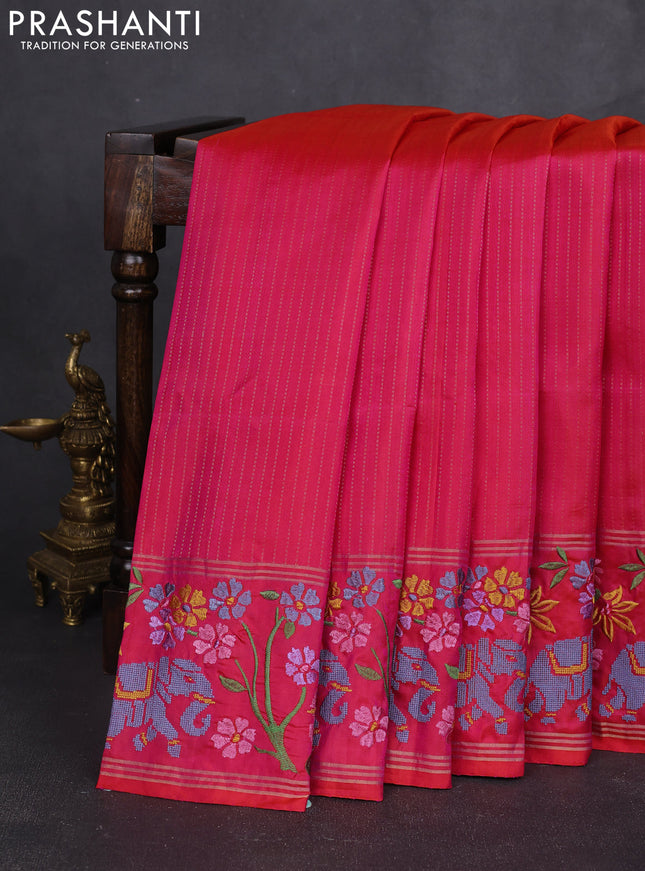 Pure soft silk saree dual shade of pinkish orange with allover zari weaves and zari woven embroidery border