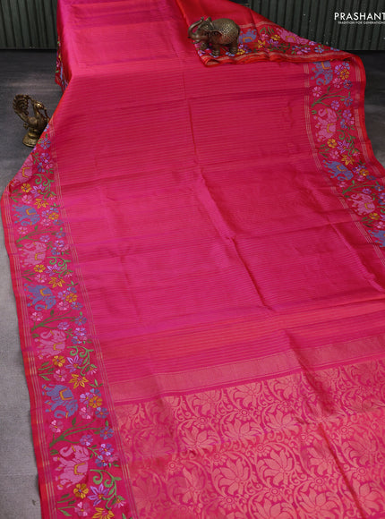 Pure soft silk saree dual shade of pinkish orange with allover zari weaves and zari woven embroidery border