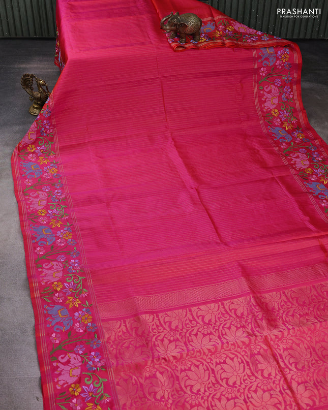 Pure soft silk saree dual shade of pinkish orange with allover zari weaves and zari woven embroidery border