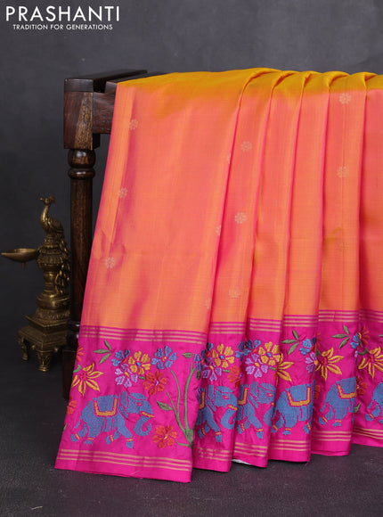 Pure soft silk saree dual shade of mango yellow and pink with zari woven buttas and zari woven embroidery border