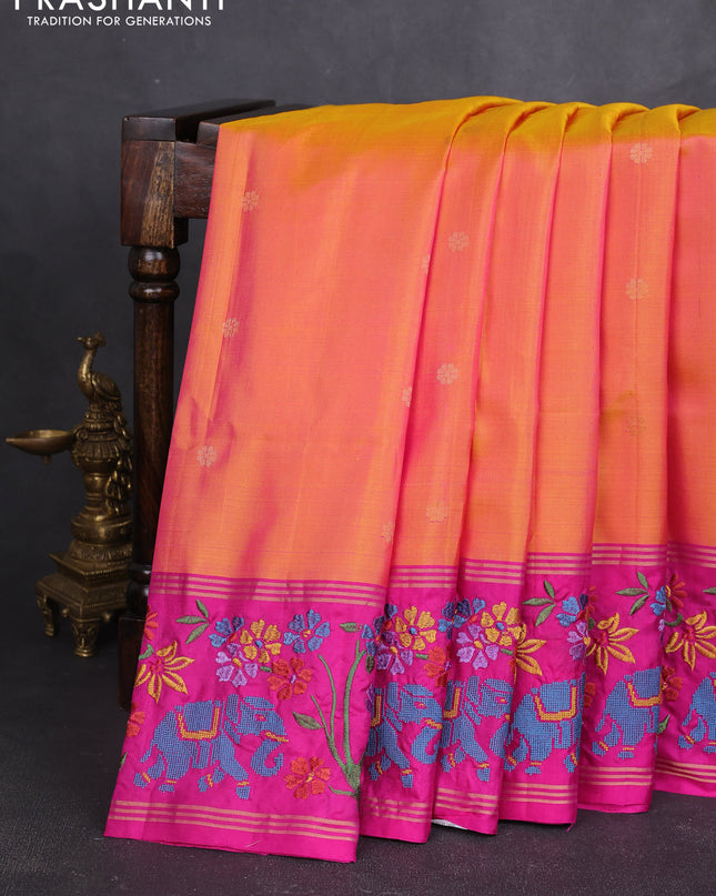 Pure soft silk saree dual shade of mango yellow and pink with zari woven buttas and zari woven embroidery border