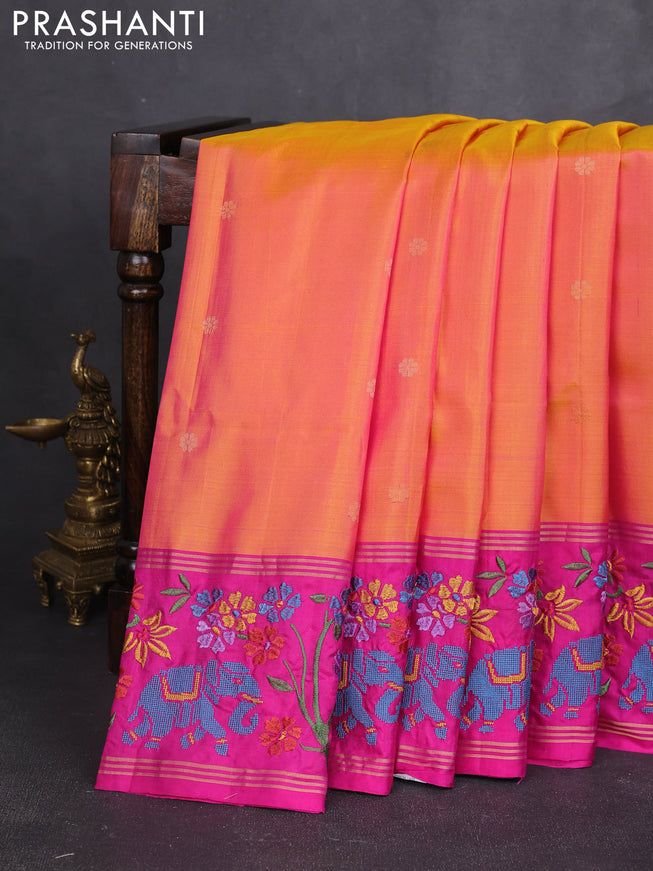 Pure soft silk saree dual shade of mango yellow and pink with zari woven buttas and zari woven embroidery border