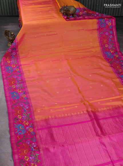 Pure soft silk saree dual shade of mango yellow and pink with zari woven buttas and zari woven embroidery border