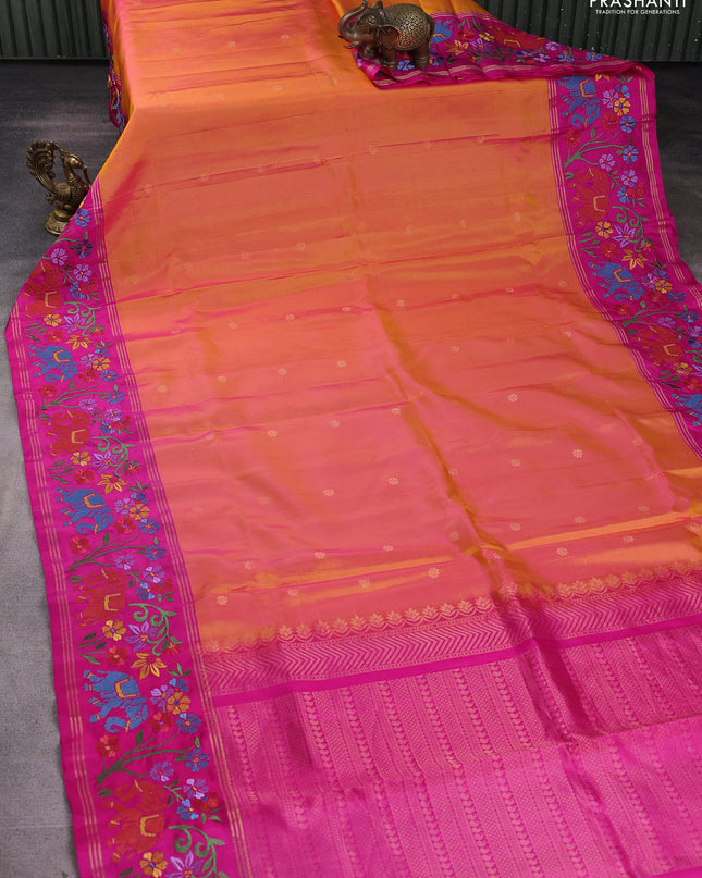Pure soft silk saree dual shade of mango yellow and pink with zari woven buttas and zari woven embroidery border