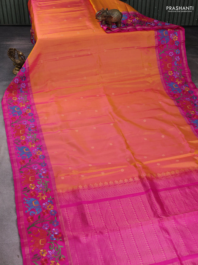 Pure soft silk saree dual shade of mango yellow and pink with zari woven buttas and zari woven embroidery border