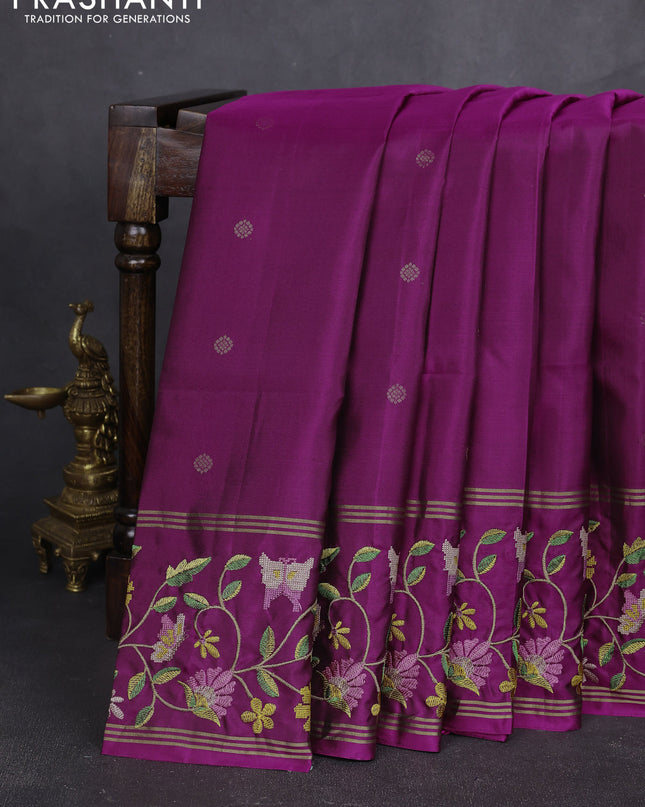 Pure soft silk saree purple with zari woven buttas and zari woven embroidery border