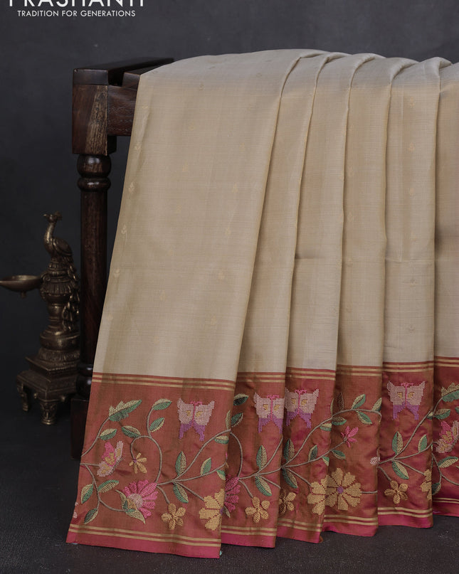Pure soft silk saree cream and dual shade of pink with allover zari woven buttas and zari woven embroidery border