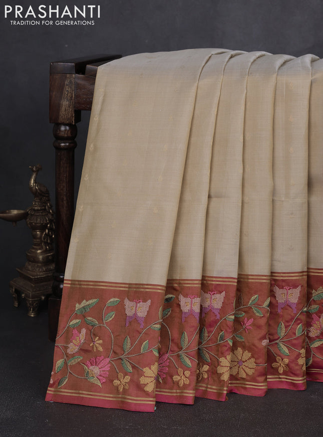 Pure soft silk saree cream and dual shade of pink with allover zari woven buttas and zari woven embroidery border