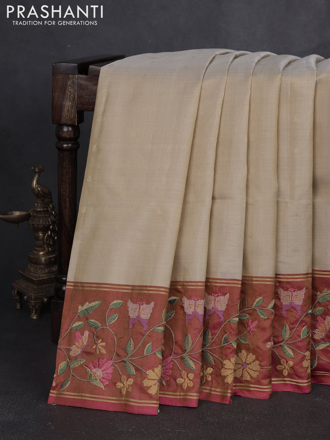 Pure soft silk saree cream and dual shade of pink with allover zari woven buttas and zari woven embroidery border