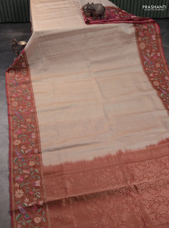 Pure soft silk saree cream and dual shade of pink with allover zari woven buttas and zari woven embroidery border