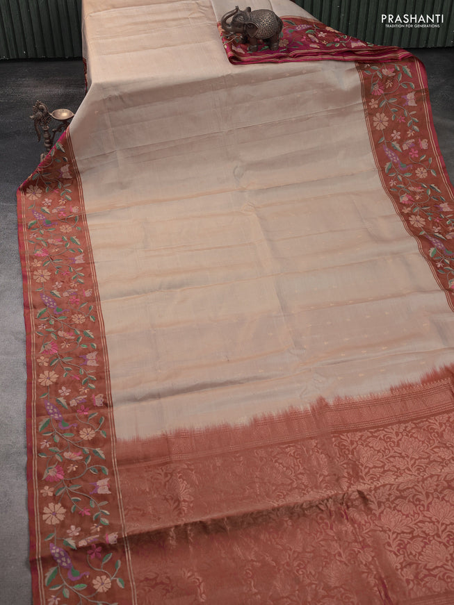 Pure soft silk saree cream and dual shade of pink with allover zari woven buttas and zari woven embroidery border