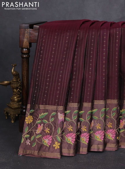 Pure soft silk saree deep maroon and pastel brown with allover zari weaves and zari woven embroidery border