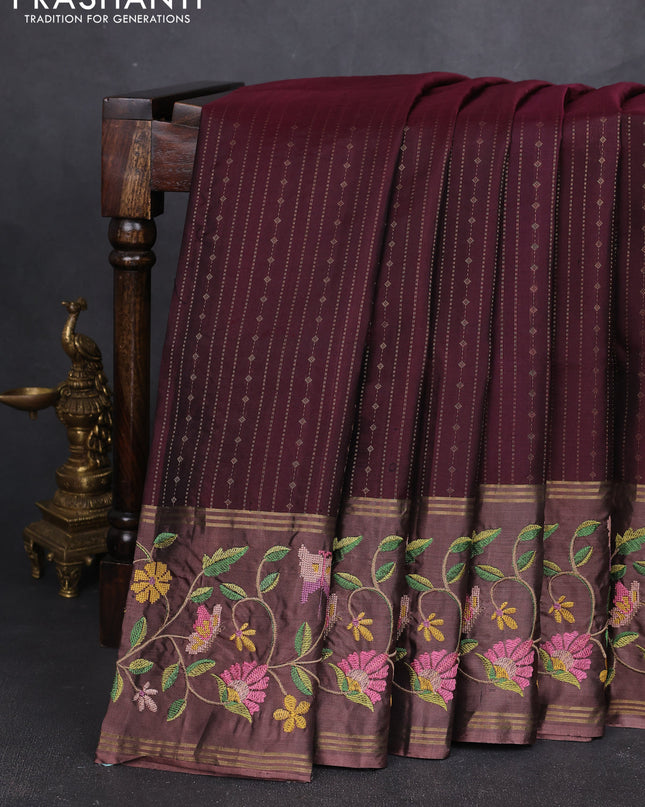 Pure soft silk saree deep maroon and pastel brown with allover zari weaves and zari woven embroidery border