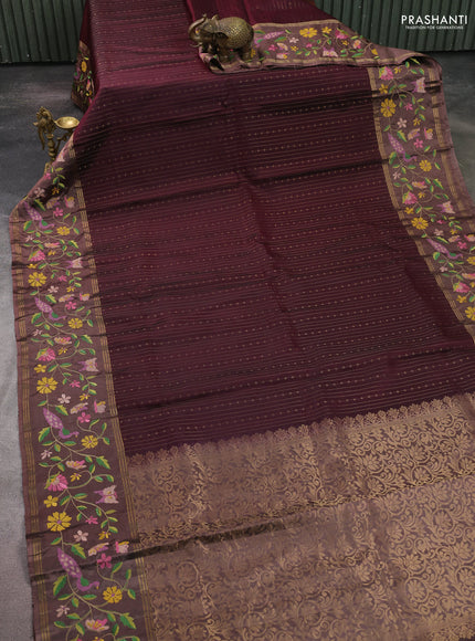 Pure soft silk saree deep maroon and pastel brown with allover zari weaves and zari woven embroidery border