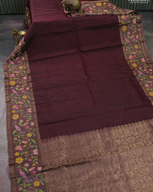Pure soft silk saree deep maroon and pastel brown with allover zari weaves and zari woven embroidery border