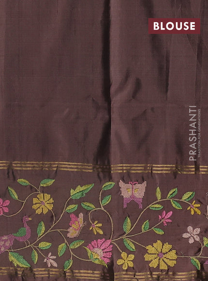 Pure soft silk saree deep maroon and pastel brown with allover zari weaves and zari woven embroidery border