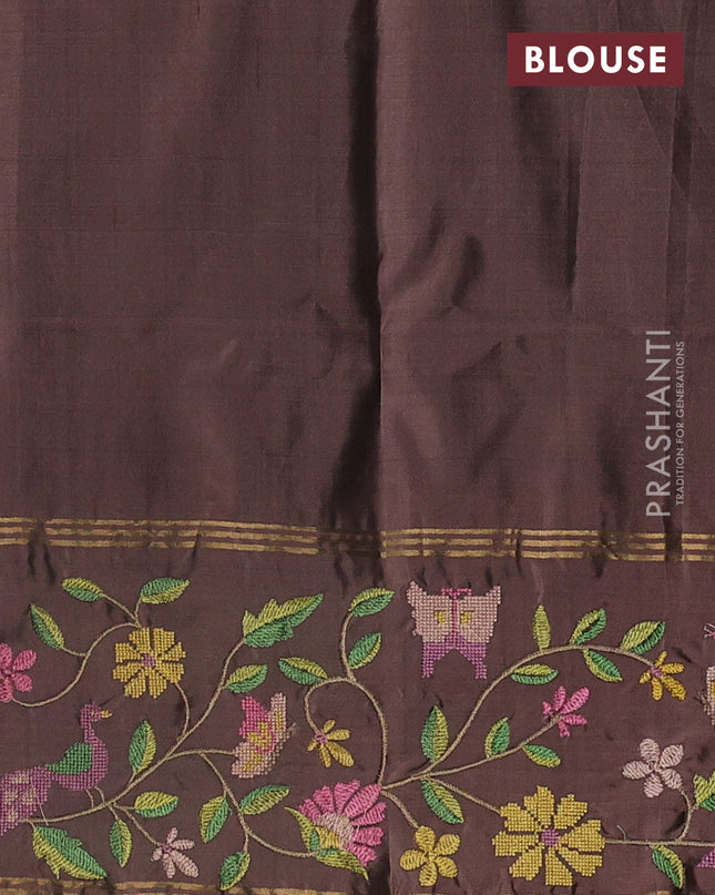 Pure soft silk saree deep maroon and pastel brown with allover zari weaves and zari woven embroidery border