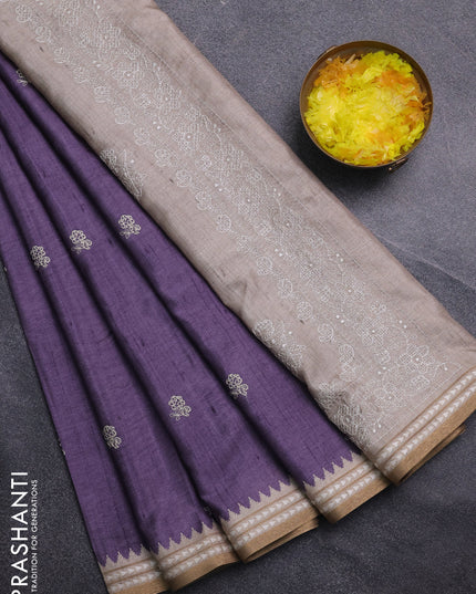 Art tussar saree lavender and beige with embroidery buttas and temple design thread woven border