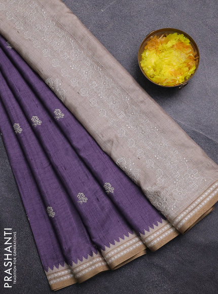 Art tussar saree lavender and beige with embroidery buttas and temple design thread woven border