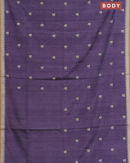 Art tussar saree lavender and beige with embroidery buttas and temple design thread woven border
