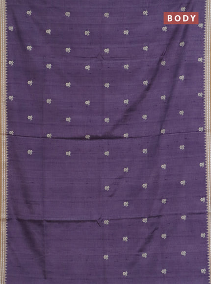 Art tussar saree lavender and beige with embroidery buttas and temple design thread woven border